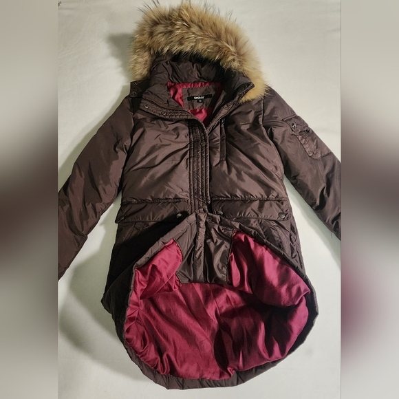 DKNY Down Puffer Trench Parka Trench Fur Trim Brown Womens Size XSmall Winter - Picture 4 of 16